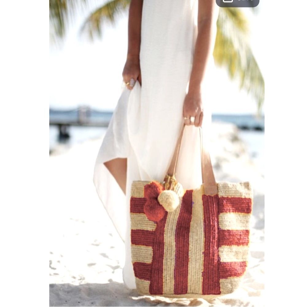 Olivia Miller Handbag Collection Pippy Multi Striped Straw Tote Pom Pom Bag NWT